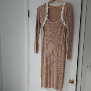 Crave Fame Tan and White Long Sleeve Dress